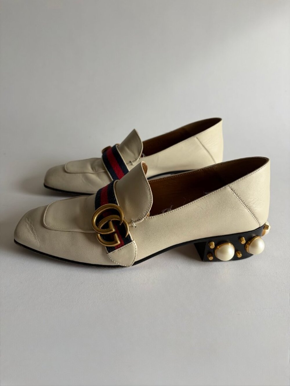 GUCCI PEYTON LEATHER PEARL HEELS MARMONT GG LOAFERS - Picture 2 of 11